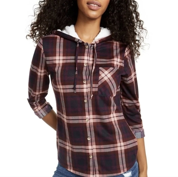 Twilight Vibes Plaid Button Up Grunge  Hoodie Roll Tab sleeve top NWT sz XS - Picture 1 of 11
